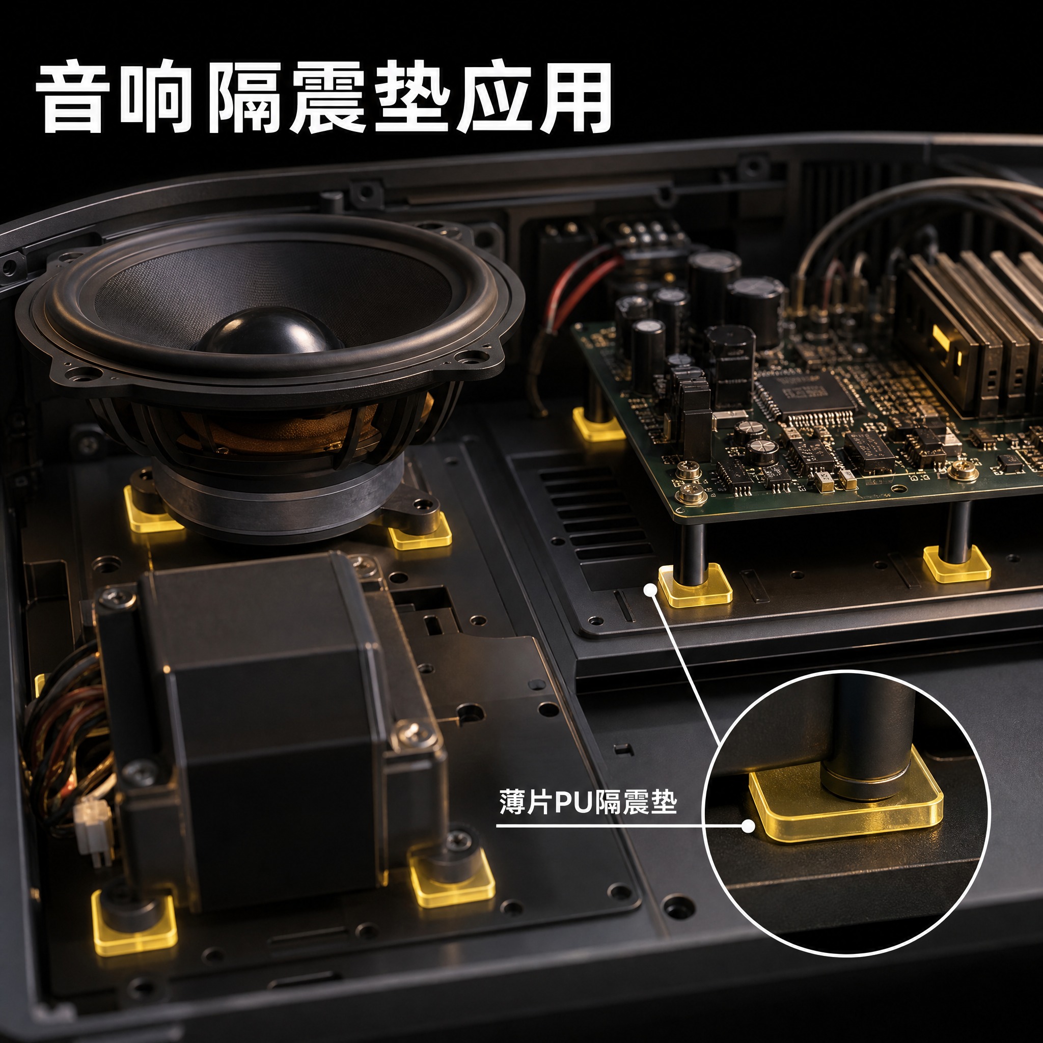 [主图-5] 主题：音响设备内部隔震垫应用场景图。唯一任务：展… - 图片创意预览