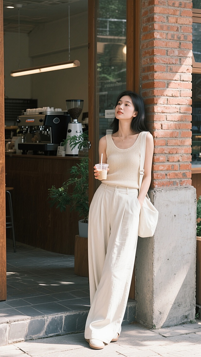 写实风格，年轻女性站在充满文艺气息的户外咖啡馆入口处，穿着浅米色透气针织吊带背心搭配同色系高腰宽松阔腿长裤，整体造型轻盈舒适，展现出随性自在的夏日穿搭感，米白色腋下包自然挎在手臂，手中拿着透明塑料杯饮品，微微侧身倚靠在红砖墙与水泥立柱旁，背景中玻璃橱窗映出店内的咖啡机与绿植，阳光柔和地洒在人物身上形成自然光影，地面为灰色石板铺就，整体色调清新淡雅，构图采用三分法突出主体人物，画面氛围慵懒惬意，具有时尚街拍的自然质感与生活气息。