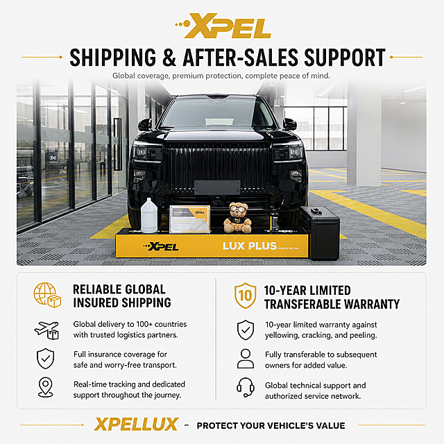 [第6屏] 产品物流与售后保障屏，说明XPELLUX全球配送和售后服务政策，本屏使用【图4】完工车辆和产品包装。
[氛围/风格] 简约放心保障风格，浅灰背景，干净通透，清晰传递售后承诺。
[元素布局] 上半部分放置完工车辆产品展示，占比约50%，包装盒放置车前，下半部分分两栏介绍物流和售后，车辆和包装外观、颜色与原图一致。
[光影质感] 门店均匀顶光还原，车辆漆面光泽保留，文字区域明亮清晰。
[配色色系] 全局底色 #F6F6F6；主色浅灰底，黑色车身，黑色文字，品牌金色点缀标题。
[视角构图] 上产品下信息，中心对齐，从上到下阅读，构图稳定。
[文字版式] 主Title Shipping & After-Sales Support，左栏: Reliable Global Insured Shipping，右栏: 10-Year Limited Transferable Warranty，底部 slogan XPELLUX - Protect Your Vehicle's Value，全部文字使用英文，字体清晰，分栏排列整齐，不遮挡车辆主体。
[比例分辨率] 9:16竖版比例，4K分辨率，文字清晰可辨，高清画质。
[负向提示词] 车辆变形，包装扭曲，文字模糊，中文字符，价格信息，站外导流。