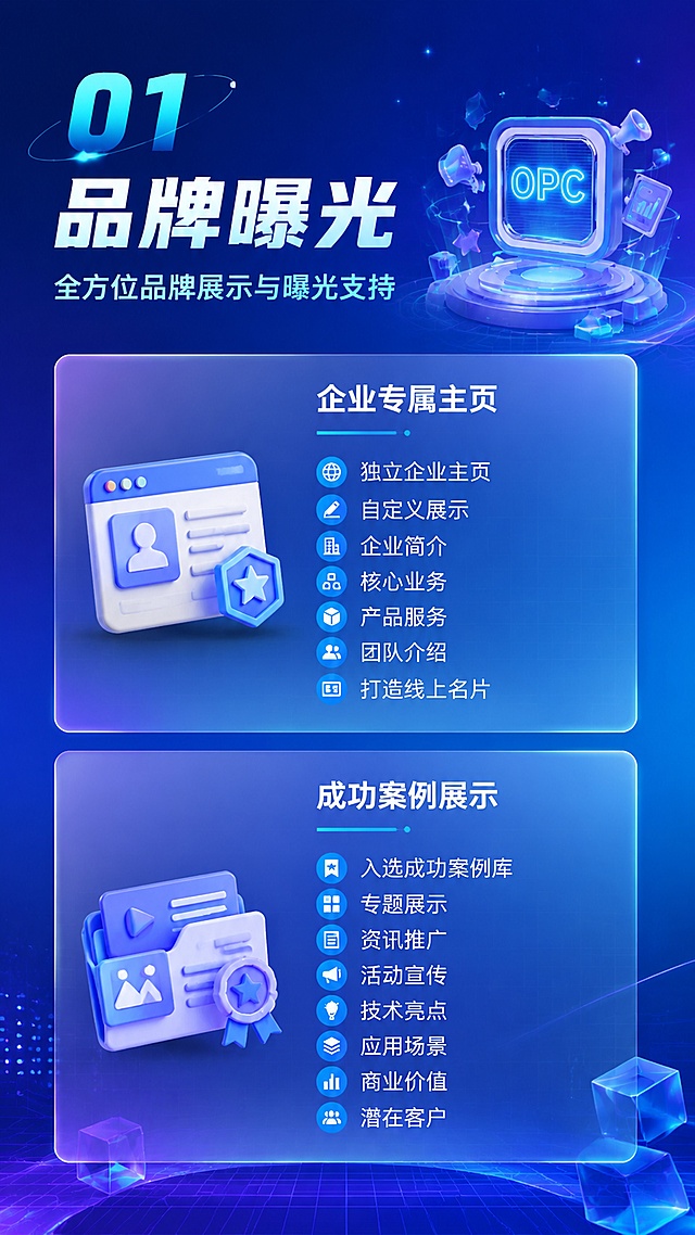 第2张 权益一品牌曝光详情页。本张延续参考图【图1】的蓝紫科技风格。
[氛围/风格] 科技商务风、蓝紫渐变背景、卡片式布局、3D图标点缀。
[元素布局] 顶部权益编号"01"和大标题"品牌曝光"；中部两个内容卡片左右/上下排列；左侧卡片配企业主页图标，右侧卡片配案例展示图标；背景有淡淡的网格线和科技光点装饰。
[光影质感] 柔和顶光，卡片有轻微悬浮阴影，整体明亮清晰。
[配色色系] 全局底色深蓝渐变#0F172A到#1E3A8A；卡片底色半透明蓝白渐变；主色蓝色#3B82F6；文字白色和浅蓝。
[视角构图] 竖版上下结构，顶部标题区→中部双卡片内容区→底部装饰区。
[文字版式] 顶部"01 品牌曝光"大标题，副标题"全方位品牌展示与曝光支持"；第一个卡片标题"企业专属主页"，内容要点"独立企业主页 自定义展示 企业简介 核心业务 产品服务 团队介绍 打造线上名片"；第二个卡片标题"成功案例展示"，内容要点"入选成功案例库 专题展示 资讯推广 活动宣传 技术亮点 应用场景 商业价值 潜在客户"；每个要点前配小图标或圆点。
[比例分辨率] 9:16竖版比例，4K分辨率，文字清晰可辨。
[负向提示词] 变形，水印，文字错乱，文字过小，颜色偏差，背景杂乱。