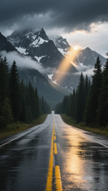 一条湿滑的沥青公路，路面泛着水光，中央是两条醒目的黄色双实线，道路笔直地延伸向远方，消失在群山的怀抱中。公路两侧是茂密的墨绿色松树林，挺拔的树木整齐排列。远处是巍峨壮丽的雪山，山顶覆盖着皑皑白雪，山体呈现出岩石的灰黑色纹理，云雾在山间缭绕，天空中乌云密布，一缕金色的阳光从云层的缝隙中洒落，照亮了部分山顶，营造出一种神秘而壮丽的氛围。预览效果