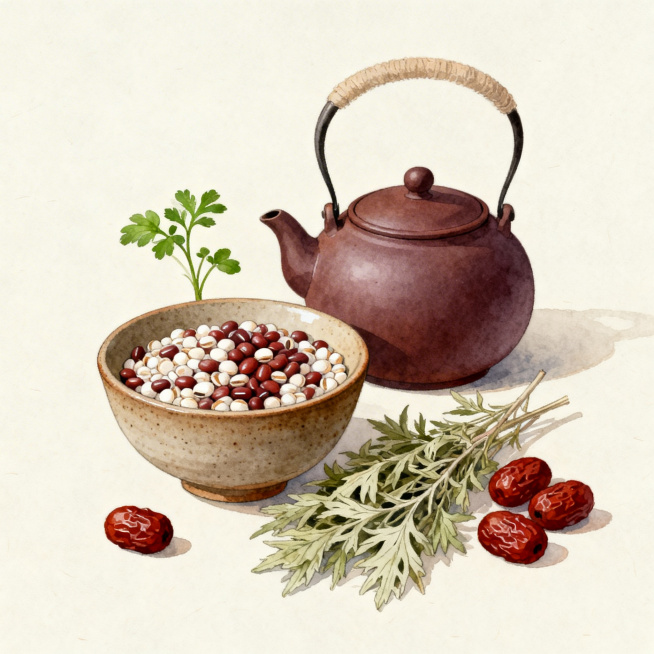 极简国风养生主题插画，画面以米白为底色，中央摆放着紫砂茶壶、盛着红豆薏仁的粗陶碗、干艾草、几枚红枣，旁边点缀一小株绿萝，整体风格简约清雅，暖调柔光烘托出宁静舒缓的氛围，传递出平和、自然的东方养生意境，预览效果