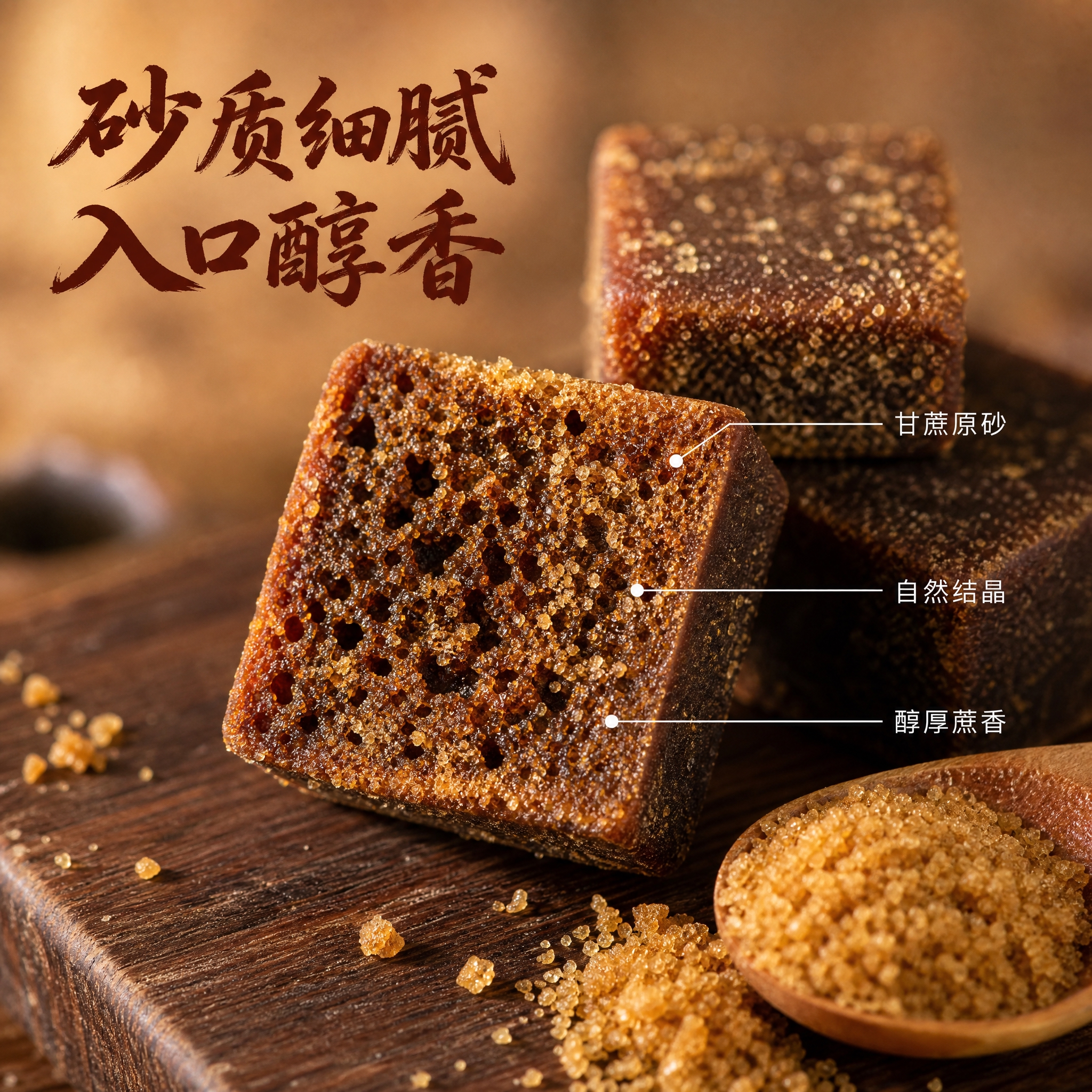 [主图-3] 云南古法黑糖块细节纹理图，核心任务是微距展示黑糖… - 图片创意预览