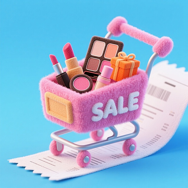 印着“SALE”的粉色购物车，放在巨大的购物小票上，装着口红、腮红盘、眼影盘、粉底液，橙色礼盒，背景为蓝色