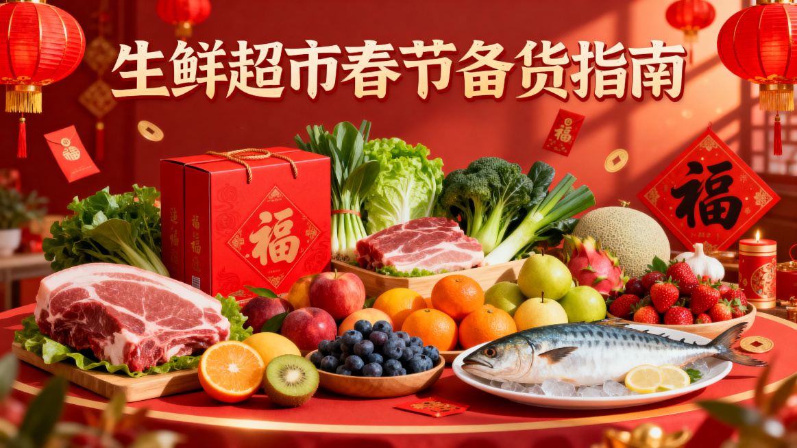 生鲜超市春节备货指南海报，画面呈现丰富的生鲜食材，包括肉类、蔬菜、水果、海鲜，搭配春节喜庆元素如红灯笼、福字，整体氛围热闹红火，突出春节备货充足、种类丰富的特点，带有文字“生鲜超市春节备货指南”预览效果