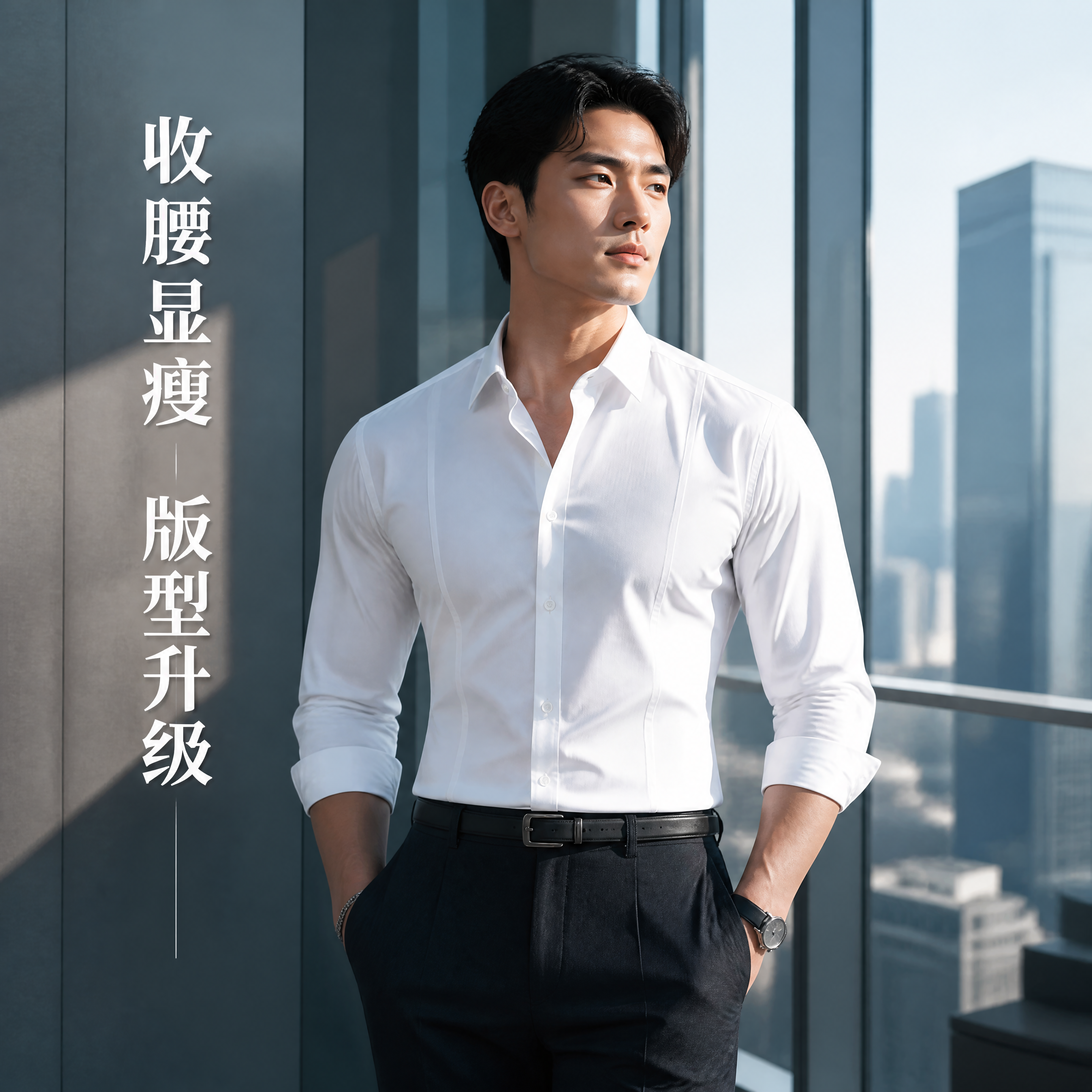 淘宝男装主图，都市精英通勤风格。一位身材健硕的亚洲男模特穿着白… - 图片创意预览