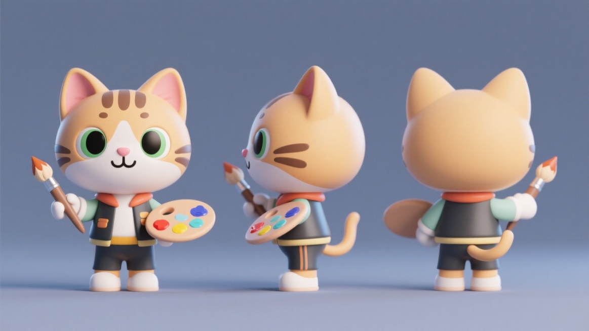 卡通潮玩，设计猫，猫猫头，拟人，手拿画笔，搞怪，可爱，时尚的服饰，纯色背景预览效果