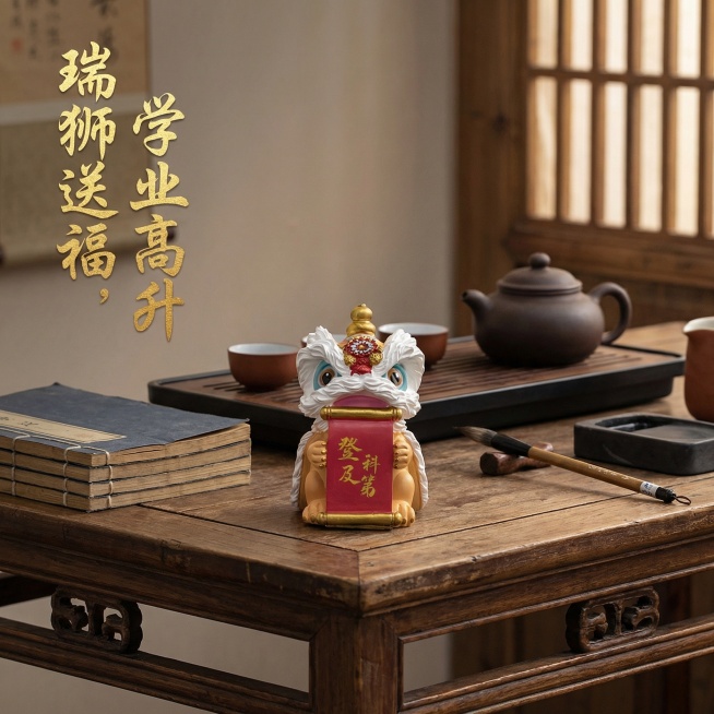 保持小狮子不变，背景换成茶室桌面，增加卖点预览效果
