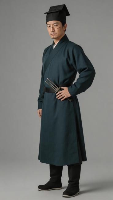 全身照，正视图，灰色背景现实风格，纹理细腻，全身站立，严格6:8头身比例，体态匀称，腿部修长，东方人体比例，精准稳定。三十八岁东方男性，长脸三角眼，鼻梁有浅刀疤，嘴角下撇，身穿皂青色衙役公服，头戴捕快预览效果