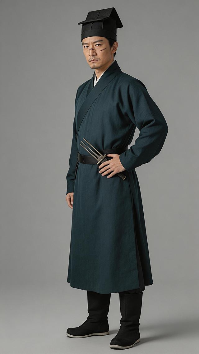 全身照，正视图，灰色背景现实风格，纹理细腻，全身站立，严格6:8头身比例，体态匀称，腿部修长，东方人体比例，精准稳定。三十八岁东方男性，长脸三角眼，鼻梁有浅刀疤，嘴角下撇，身穿皂青色衙役公服，头戴捕快官帽，腰佩铁尺，脚蹬黑靴，一手扶腰，侧身站立