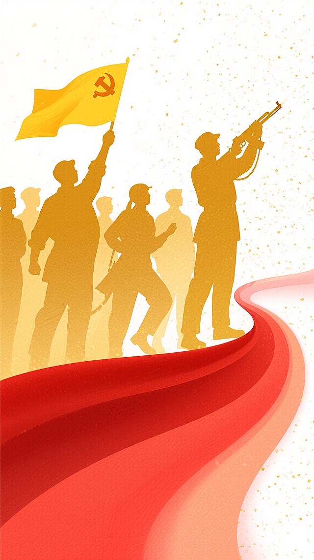党建主题插画，金色剪影人物群像，左侧人物高举飘扬的黄色旗帜，右侧人物手持步枪，整体姿态昂扬向上，红色渐变波浪形背景从底部向右上方延伸，白色背景点缀金色颗粒质感，光影柔和，氛围庄重而充满力量，扁平化设计风格，简洁有力的视觉语言，突出革命精神与团结奋进的主题。