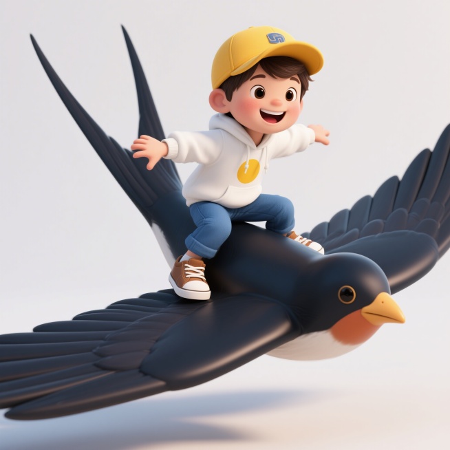 3D卡通风格，白色背景，一个面带灿烂笑容的儿童角色，男孩戴着黄色棒球帽，穿着白色带黄色圆形图案的卫衣、蓝色长裤、棕色运动鞋，骑在一支巨大的燕子上，燕子头朝右下方，男孩双手抓住燕子两侧，身体微微前倾，整预览效果