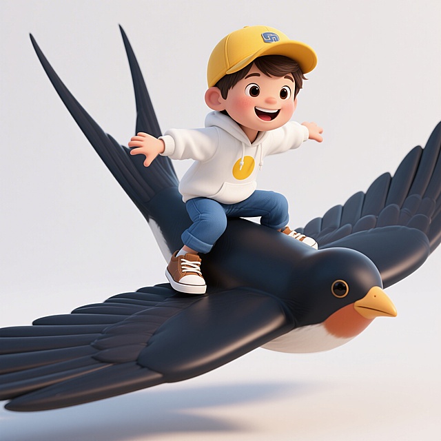 3D卡通风格，白色背景，一个面带灿烂笑容的儿童角色，男孩戴着黄色棒球帽，穿着白色带黄色圆形图案的卫衣、蓝色长裤、棕色运动鞋，骑在一支巨大的燕子上，燕子头朝右下方，男孩双手抓住燕子两侧，身体微微前倾，整体画面明亮欢快，充满童趣，光影柔和，角色造型圆润可爱，细节丰富，色彩鲜明且和谐统一