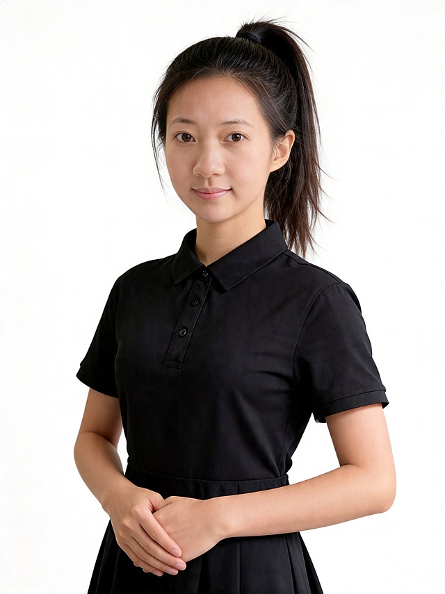 参考图中保留人物脸型、五官特征和黑色polo裙服装不变，发型保持清爽的高马尾，调整肤色更加白皙，去掉偏黄感，加重一点清透裸妆，表情调整为自然微笑，背景改为纯白色；生成少儿体适能教练的职业形象照，让整个人看起来更精神阳光；参考图中保留人物脸型、年龄等特征生成职场形象照,标准焦段50mm,f/4光圈(f/2.8-f/4区间),平视视角(镜头与人物视线齐平);人物占画面70%,人物居中(居中构图),位于画面中心,为视觉聚焦点,入境范围头部及以下至臀部下方10cm(半身像);左右留少量背景空间;头部与画面顶部保留5%空间;头部发型完整,头肩比例协调,人物结构准确;身穿黑色棉质短袖polo衫polo裙，着装正式干练;阳光自律、积极向上活力满满;身形匀称,姿态端正,身体挺拔。呈双手交叠于身前的自然姿态，肢体放松且自信;发质微微柔顺，微微蓬松。简约纯白色纯色背景(呈现均匀柔和质感),背景光线均匀柔和,强化色彩对比的高级感。极简干净;32k画质超高分辨率、细节清晰,现代精致感风格;肤质精细化处理;眼神直视镜头,目光坚定且澄澈,表情自然微笑。清透自然裸妆(轻薄底妆+淡唇妆)妆感轻薄轻透裸肌感,通透感肤质,肤质自然细腻,肤色白皙均匀,雾面柔光裸肌感,保留真实皮肤细节｡正面柔光补光,4800K中性光,面部光比1:1.5,色调明亮｡中近景写实摄影,对焦清晰,高清保留皮肤细节｡分辨率4K,去除人物之外的所有元素。严格按照图片内容生成。画面比例3:4