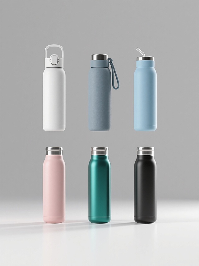 六个不同颜色（如白色、蓝色、灰色、粉色、绿色、黑色等）和不同款式（如带提手、带吸管口、简约直筒、磨砂质感、光滑亮面、不同容量大小）的保温杯，保持3D渲染的写实风格，金属材质的光泽感和细腻的磨砂或光滑表面质感，统一的简约现代设计语言，规整地呈网格状排布（如2行3列或3行2列），纯色背景（建议使用与原图相近的浅灰色或白色以保持简洁），无任何文字、logo、水印或其他装饰元素，光影效果为柔和的顶部光源，物体底部有轻微阴影以增强立体感，整体画面干净整洁，突出保温杯的形态和材质美。