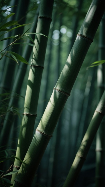 写实风格竹林特写，深绿色竹竿表面带有细微纹理和竹节凸起，光线从侧面斜射形成明暗交错的光影效果，竹叶阴影在竹竿上投下细长斑驳的纹路，整体色调以墨绿色和暗绿色为主，营造出静谧幽深的氛围，改变竹林角度造型，展现不同视角下竹竿的交错排列和光影变化，背景隐约可见更多竹林形成深邃空间感，画面聚焦于竹竿的质感与光影的细腻互动，具有强烈的自然写实主义质感。预览效果