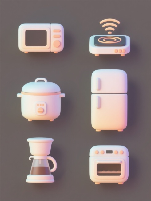 一组六个软3D风格厨房电器图标，在纯色背景上规整排布，包括微波炉、电磁炉、电饭煲、冰箱、咖啡机和烤箱，每个电器都有简洁的线条、轻微的立体阴影和渐变色彩，保持统一的现代简约设计感，整体色彩变换为清新明快的色调组合，无任何文字、LOGO、二维码及多余装饰元素。预览效果