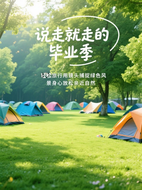 实拍场景户外露营场景（草地、帐篷、绿树），圆润的手写体，大标题“说走就走的毕业季” ，小标题“轻松旅行用镜头捕捉绿色风景身心放松亲近自然”。预览效果