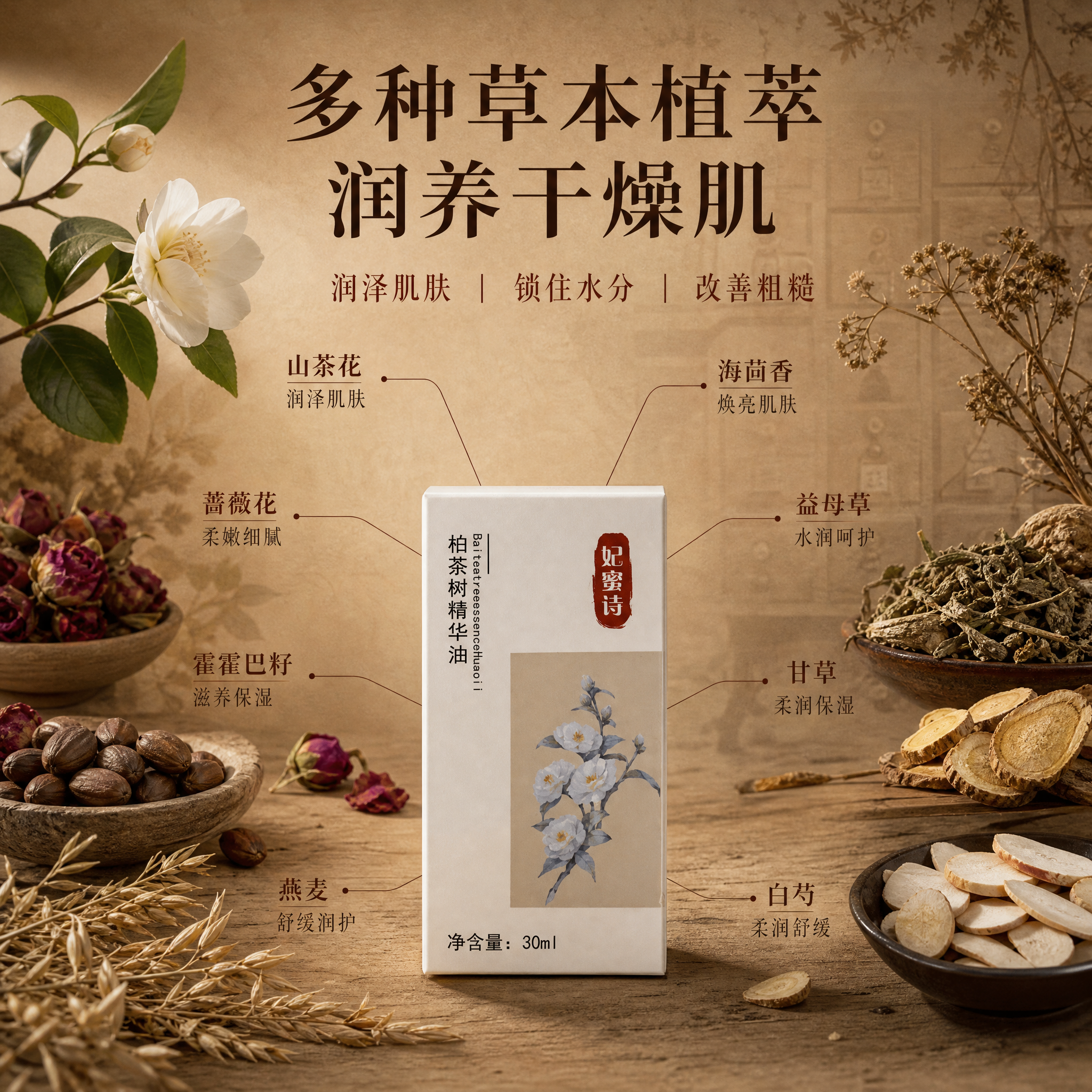[主图-2] 核心功效与成分解析，展示多种草本植萃成分，强调润… - 图片创意预览