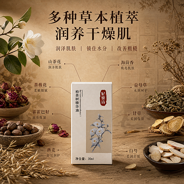 [主图-2] 核心功效与成分解析，展示多种草本植萃成分，强调润泽肌肤、改善干燥粗糙的养肤功效。
[统一基调] 整体棕色中药风视觉，主背景为深浅渐变的暖棕与药棕色调，点缀干草本植物、中药材、山茶花枝叶等天然元素，字体选用干净的宋体细衬线体，主标题字色为深棕近黑，辅助文字为暖棕褐色，强调色为赭石红，整体氛围温润、古朴、天然、专业。
[画面] 产品包装盒放置在画面下方三分之一处，正面展示，外观与原图一致。画面中上部及两侧环绕多种真实草本植物原料与中药材：山茶花、蔷薇花、霍霍巴籽、燕麦、海茴香、益母草等干草本或新鲜枝叶，用细棕色引线从各草本原料指向产品，标注对应养肤作用。背景为暖棕色古朴宣纸纹理，带有淡淡的中药柜抽屉暗纹。整体呈现中药草本配方的专业感与天然感。
[光影质感] 商业摄影质感，柔和均匀的自然光，草本原料细节清晰，有自然的体积感与阴影，产品融入场景自然，边缘无硬切感。
[配色] 主色暖棕、药棕、米白，各草本植物保留自然绿、白、黄等本色但饱和度降低，融入整体棕色基调，不突兀。
[文字版式] 画面上方主标题大字：多种草本植萃 润养干燥肌，下方辅助文字分三行横排：润泽肌肤 锁住水分 改善粗糙。各草本引线末端配小号文字说明其养肤作用，如：山茶花 润泽、燕麦 舒缓、海茴香 焕亮。所有文字均为宋体细衬线体，主标题深棕色加粗最大，辅助文字次之，说明文字最小，横排排列，不遮挡产品主体。
[输出要求] 1:1正方形，2K高清，产品清晰不变形，文字清晰可读，无错字，成分原料真实自然。禁止出现平台Logo、水印、二维码、极限词，禁止夸张医疗功效表述，禁止产品变形、悬浮。