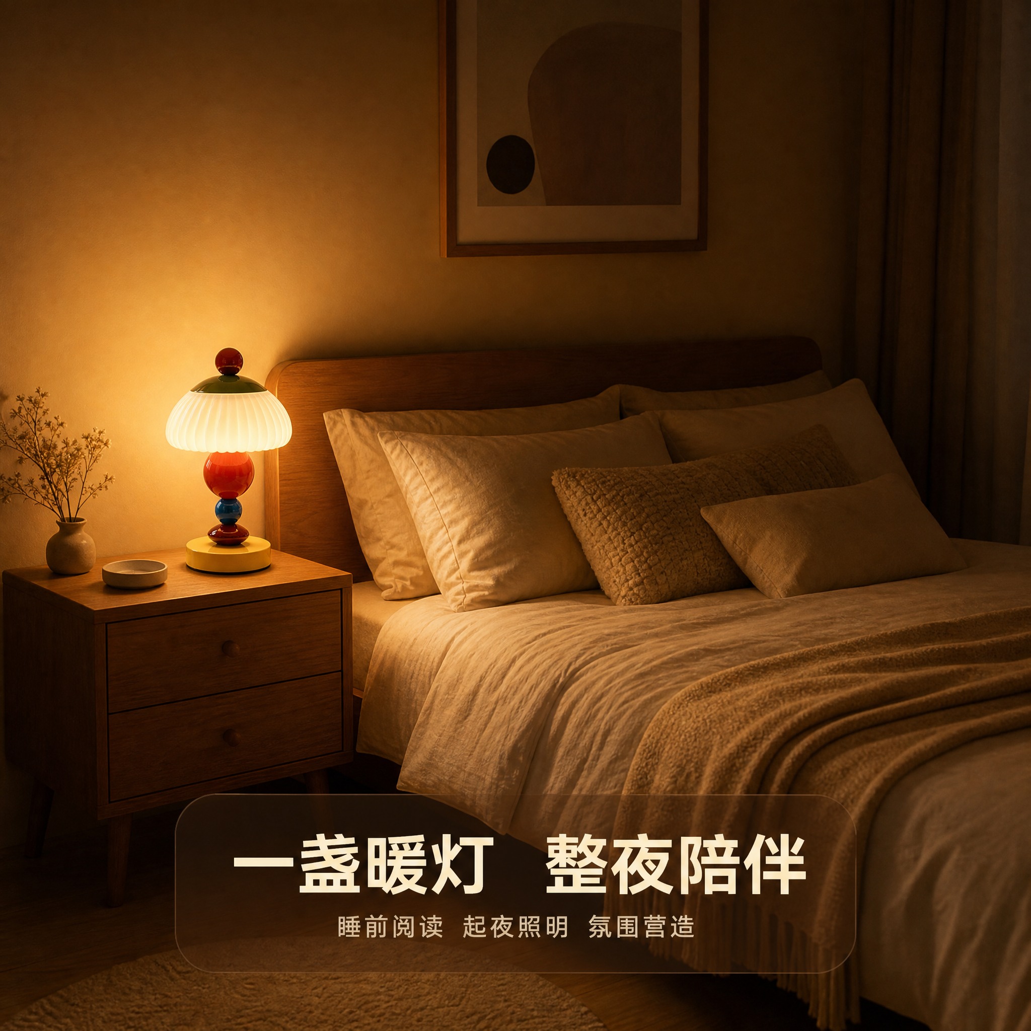 [主图-3] 复古撞色床头氛围台灯 卧室使用场景与夜间陪伴氛围… - 图片创意预览