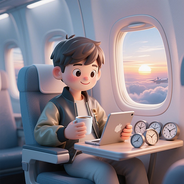 趣味3D插画风格，C4D渲染，OC渲染，Blender建模，柔软光线，马卡龙色系，泡泡玛特盲盒质感，光滑黏土材质，影棚打光，8k分辨率，超细节，一位活力十足的少年，短发，穿着干练旅行夹克，坐在飞机舷窗前，一边喝咖啡一边看平板电脑，窗外是壮丽日出，小桌板上放着多个时钟显示不同时区时间，面带自信微笑，精神焕发，面部特写位于画面正中心，微距镜头拍摄，皮肤透亮有光泽，脸颊泛着健康红润，背景是模糊的飞机舱内和窗外云海，整体氛围自由适应，跨时区能力超凡