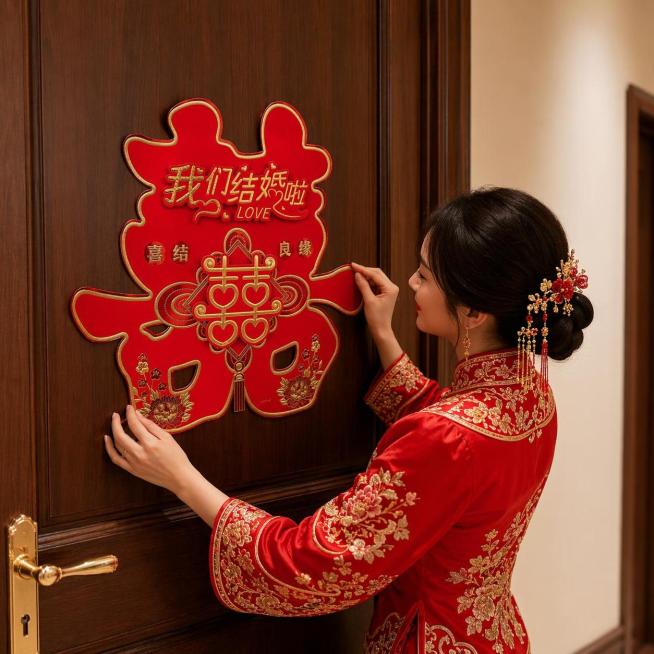 婚庆喜字贴，严格参照上传产品图（image1），完整保留所有可见组件、部件、轮廓形状、结构、比例、材质质感、颜色与产品本体上的文字信息，与上传图完全一致。
室内家居房门场景，中式新婚暖棕红调，保留参考预览效果
