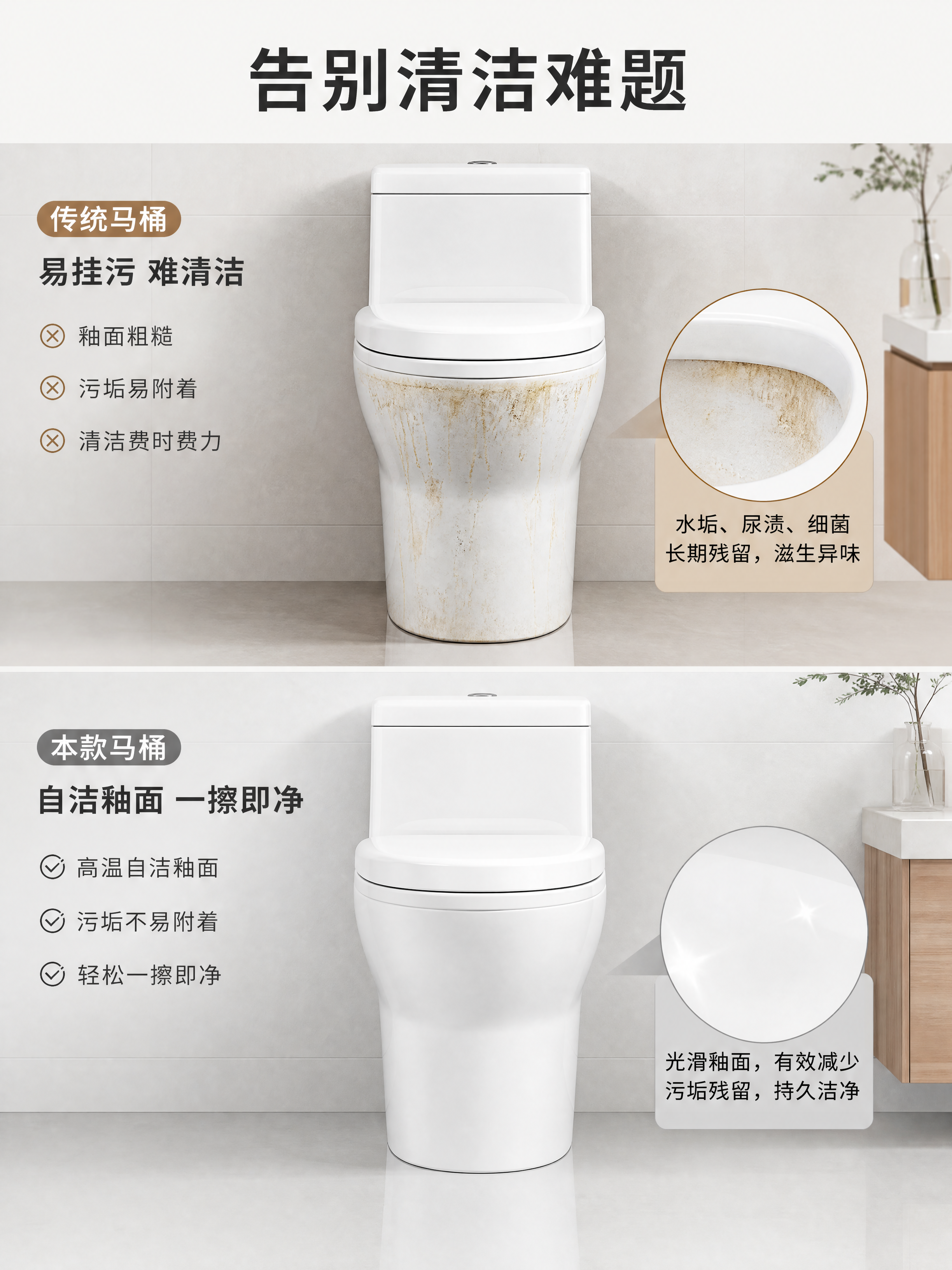 [第2屏] 痛点对比屏，传统马桶vs本款普通马桶清洁对比。真实… - 图片创意预览