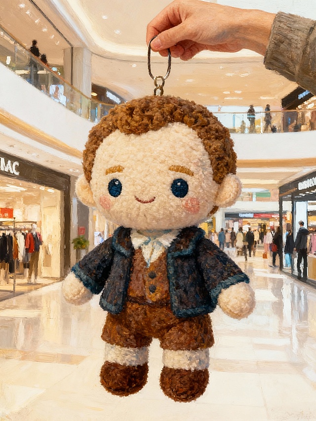 毛发生长风刺绣娃娃，软3D质感，卡通萌趣造型，温暖治愈系设计，商场场景中尽显可爱与温馨。