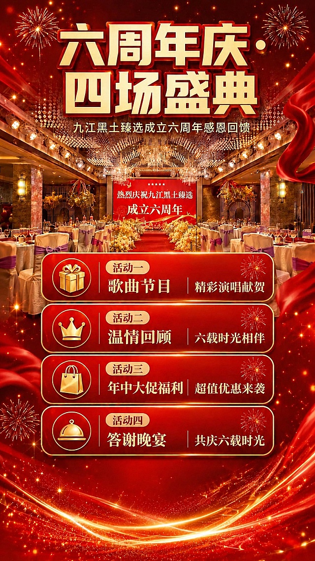 基于这张六周年庆海报，做两处修改，保持整体红金庆典风格、版式结构、宴会厅背景和装饰元素不变。

1. 活动三卡片文字改为："活动三 年中大促福利 超值优惠来袭"，去掉"抽奖"相关表述，图标可保留购物袋或替换为更贴合促销的图标。
2. 去掉底部的二维码占位方块和"扫码了解详情"文字及箭头，将底部区域替换为红金渐变的光效丝带和金色粒子装饰，保持画面底部干净美观，与整体庆典氛围协调。

活动一、活动二、活动四的文字和图标均保持不变。主标题、副标题保持不变。

画面中所有数字必须精确渲染，不得错位、遗漏或编造。
画面中所有信息区域必须填充完整合理的内容，不得出现空白框。