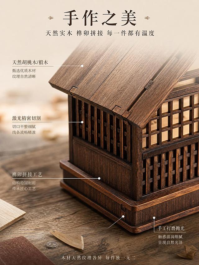 [第4张] 详情页材质工艺-实木榫卯结构微距细节。本张使用【图2】作为产品主体（深棕色款），重点展示材质与拼接工艺。
[氛围/风格] 日式侘寂风，微距质感，质朴手作感，温暖自然光，强调木材天然纹理。
[元素布局] 画面主体为合掌造小夜灯局部特写，占比约65%；重点展示屋顶木板拼接处的榫卯结构、木格窗的精细切割、竖条外墙的均匀排列、底座的层叠结构；背景虚化的老木桌面；散落几片薄木片与细砂纸作为手作氛围道具。
[光影质感] 45°侧光斜射，突出木材纹理凹凸感与拼接缝隙的阴影，局部暖光点缀，质感温润细腻。
[配色色系] 全局底色 #E8DCC8（暖米灰）；主色深胡桃棕 #4A3728、木纹浅棕；辅助色米白、赭石。
[视角构图] 微俯视微距视角，浅景深虚化背景，产品局部占据画面中心，阅读动线从顶部标题 → 中部细节 → 四周标签。
[文字版式] 顶部主标题「手作之美」，副标题「天然实木 榫卯拼接 每一件都有温度」；画面四周用细线引出四处工艺标签：「天然胡桃木/椴木」「激光精密切割」「榫卯拼接工艺」「手工打磨抛光」；底部小字「木材天然纹理各异 每件独一无二」；字体为日式细宋体，字色深棕。
[比例分辨率] 3:4 竖版比例，2K分辨率，文字清晰可辨，高清画质。
[负向提示词] 产品变形，结构错误，颜色偏差，水印，文字错乱，木材纹理不自然，塑料感。