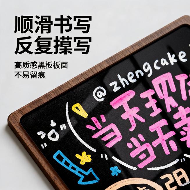 [主图-3] 小黑板板面材质特写展示图
[氛围风格] 微距质感细节展示风
[画质] 超高清商业微距摄影，纹理清晰，细节真实
[元素] 放大展示小黑板的黑色书写板面，搭配局部手写文字区域特写，突出板面顺预览效果