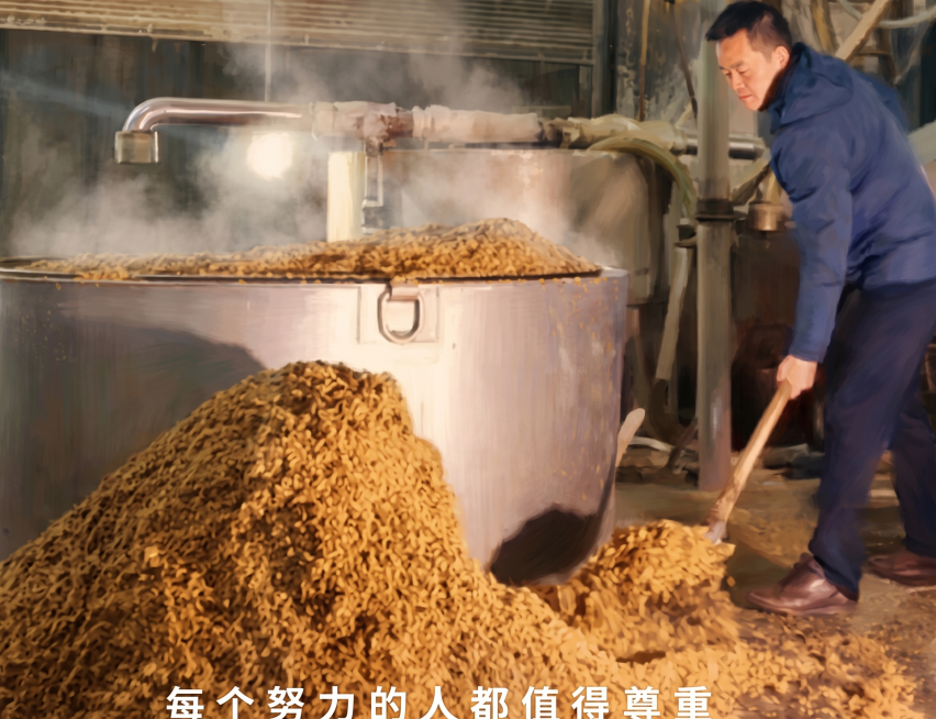 基于原图优化重绘，保留酿酒工人翻拌酒醅的传统酿造工艺场景，画面突出颗粒饱满的五谷原料，蒸汽朦胧的酒厂车间氛围，体现劳动者匠心坚守，劳动是时光里的勋章，盛将佳酿滴滴醇香。底部保留文字"每个努力的人都值得预览效果