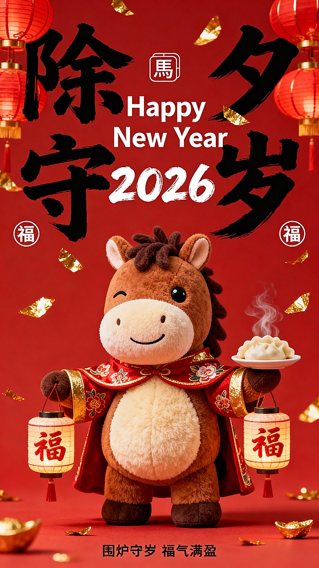 提示词：纯正面小马，Q 版棕褐配色的拟人毛绒小马公仔（腹部是浅米色毛绒，单眼眯起微笑，鬃毛为深棕短绒质感，圆鼓鼓的肚子），站立，身着红金吉服披风（披风绣宝相花纹），双手各提一盏 “福” 字圆柱形灯笼，另一只手托着热气腾腾的饺子。红色背景，搭配红 / 金配色灯笼与飘落金箔；小马公仔位于画面中下部核心区域；画面上部排布大号黑色毛笔大字 “除夕 守岁”（笔触清晰），中间叠印白色体小字 “Happy New Year 2026”，背景文字两侧点缀圆形 “福” 字标识，画面顶部有小型 “馬” 字图形标识，底部有黑色很小的字 “围炉守岁 福气满盈”（2026 为毛笔字体）。