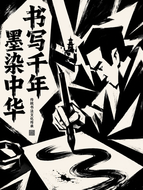 德国表现主义风格文化招贴设计，主题是传统书法文化传承，强烈黑白对比，粗线条构成，视觉冲击力强，文字内容"书写千年 墨染中华"预览效果
