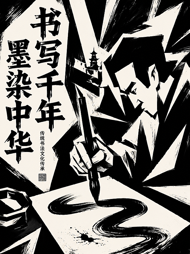 德国表现主义风格文化招贴设计，主题是传统书法文化传承，强烈黑白对比，粗线条构成，视觉冲击力强，文字内容"书写千年 墨染中华"