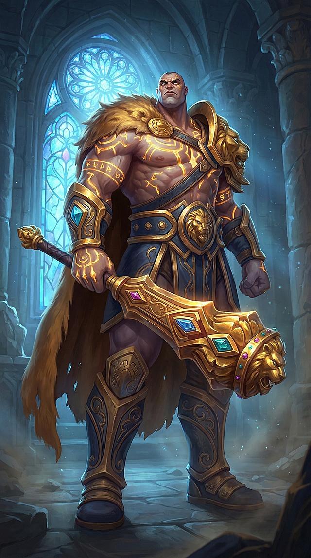 Prompt: > Full body shot of Hercules, the legendary demigod, in high-end K-Fantasy game splash art style. He has an extremely muscular, hyper-defined physique with glowing golden divine tattoos on his bare chest and abs. He wears a massive, asymmetrical ornate golden pauldron on one shoulder and heavy intricately engraved greaves. A majestic, tattered cape made of Nemean Lion fur flows behind him. He wields a colossal, ornate golden war-club decorated with gemstones and lion motifs. 9-head tall heroic proportion, very small head, extremely long and powerful legs. Background is a divine ancient sanctuary with a large rose window and ethereal blue volumetric lighting. Cinematic lighting, sharp focus, hyper-detailed metallic textures and skin grain, masterpiece, 8k.