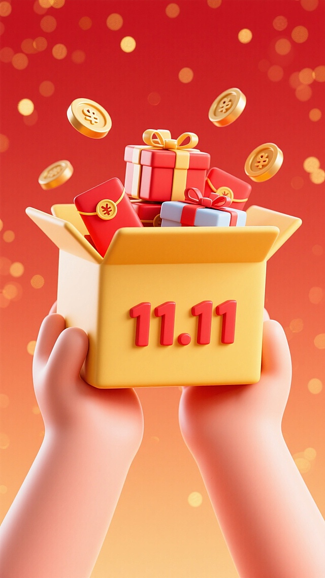 体积很大的黄色快递盒占据了画面的绝大部分，快递盒旁有两只较大的手托着快递盒，快递盒上印有醒目的红色“11.11”字样，快递盒内堆叠着一些礼盒和一些红包，盒外漂浮着几个金币。背景为渐变红与金色光点，增强节日感。