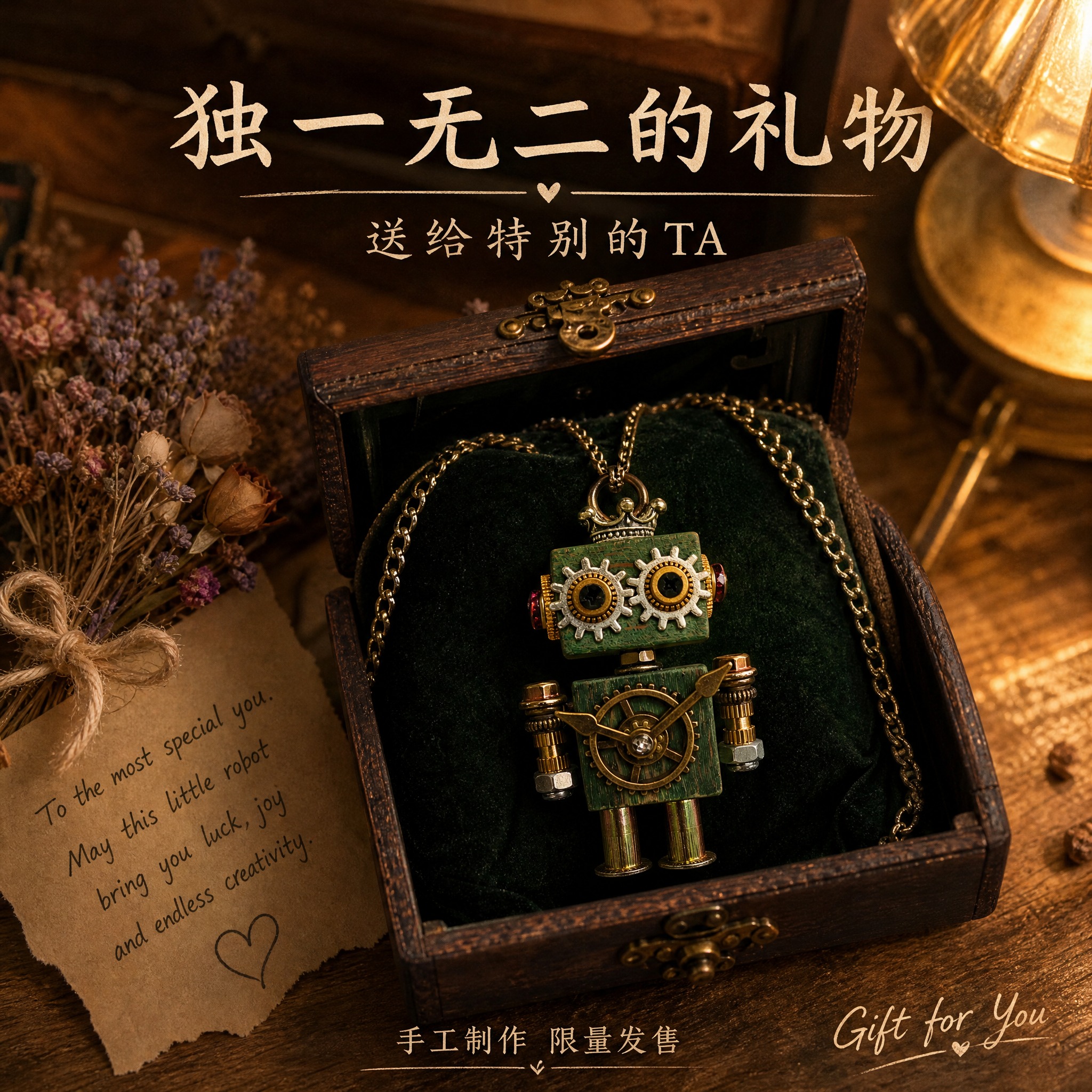[主图-5] 蒸汽朋克木质机器人项链 送礼场景 礼赠价值。 [… - 图片创意预览