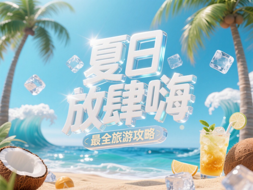 立体艺术字“夏日放肆嗨，副标题“最全旅游攻略”，多层白色玻璃厚度，文字边缘有高光效果模拟出光线照射的质感，周围有海浪、海滩、椰子树、冰块、冰饮等氛围装饰，正视图预览效果
