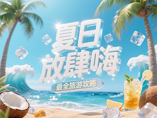 3D风大字设计，清爽海滩背景，冰块与椰汁点缀，夏日旅游攻略