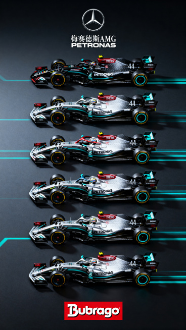 重新生成奔驰AMG PETRONAS F1车模商业宣传海报，展示7款不同奔驰F1赛车模型，保留所有车型的原有配色，保留品牌logo "Bburago"和"梅赛德斯AMG PETRONAS"，深色背景带预览效果