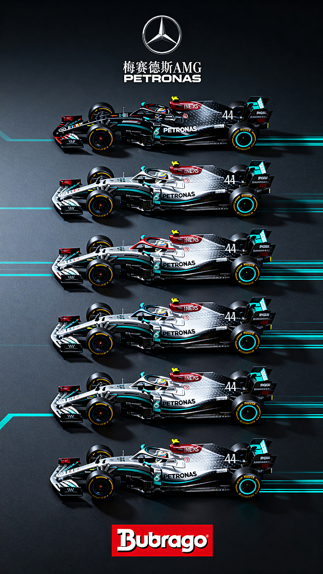 重新生成奔驰AMG PETRONAS F1车模商业宣传海报，展示7款不同奔驰F1赛车模型，保留所有车型的原有配色，保留品牌logo "Bburago"和"梅赛德斯AMG PETRONAS"，深色背景带青色线条点缀，专业商业设计，突出车模细节，更强视觉冲击力，适合电商宣传推广