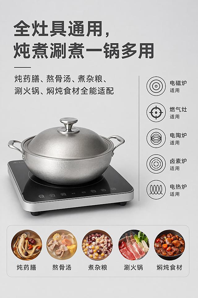 [第7屏] 全灶具通用一锅多用屏，纯钛汤锅适配性与多功能展示。本屏使用【图2】作为产品主体。
[氛围/风格] 简约轻奢哑光质感风，风格稳重清晰，信息条理分明，适配中老年稳重审美。
[元素布局] 左对齐分栏排版，左侧将汤锅放置在电磁炉台面上实拍，右侧为简约线条图标标注适配灶具类型；背景为浅灰纯色干净背景；清除画面无关杂物和多余手部，严格还原产品1:1比例和全部细节，突出全灶具适配和一锅多用功能。整体干净简洁，无多余装饰。
[光影质感] 柔和均匀暖光，产品清晰，图标信息辨识度高。
[配色色系] 全局底色浅灰色，主色钛金属银与深灰色文字，低饱和简约配色。
[视角构图] 左物右文分栏构图，阅读动线从左到右。
[文字版式] 主标题左对齐「全灶具通用，炖煮涮煮一锅多用」，厚重大字哑光磨砂文字；副标题分段清晰：炖药膳、熬骨汤、煮杂粮、涮火锅、焖炖食材全能适配，文字分段清晰，字号偏大，方便长辈阅读，信息一目了然。
[比例分辨率] 2:3 竖版比例，2K分辨率，高清画质，文字清晰可辨。
[负向提示词] 禁用花哨卡通炉灶图案、潮流撞色，文字不拥挤堆叠，汤锅禁止变形色差，厨房不堆砌杂乱餐具杂物，禁用惨白冷白光。