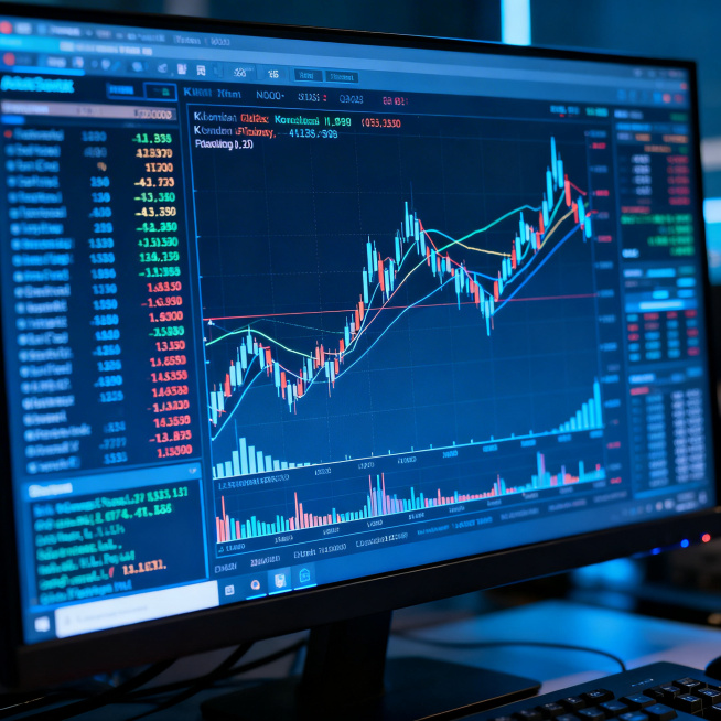 EA量化交易主题的专业金融图片，包含电脑屏幕上的交易K线图表、自动交易程序界面、数据走势和金融市场元素，科技感和专业感，现代金融交易场景预览效果