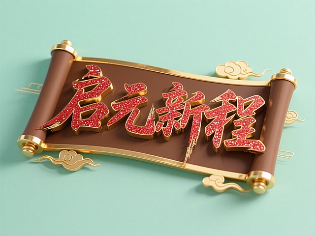 “启元新程” 立体艺术字，连贯的装饰性字体,,字嵌入棕色卷轴造型，淡绿色平面背景中，红色闪粉与金色金属的材质；金色用于卷轴镶边、字边缘带有金色立体描边，字体表面叠加毛笔笔触纹理，周围点缀细线金色祥云装饰