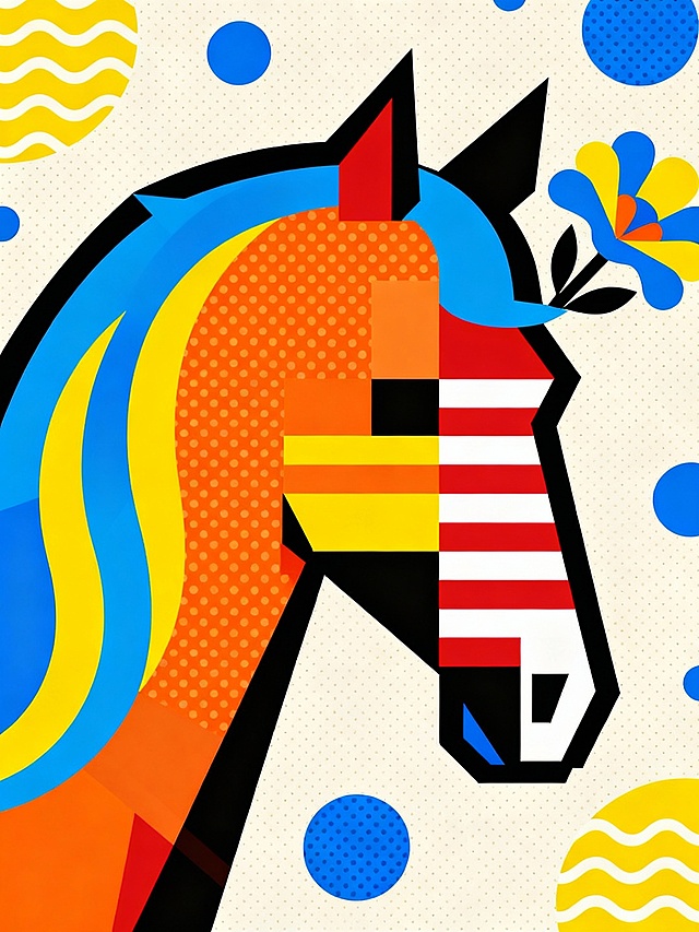 这幅作品的灵感源于孟菲斯设计风格与传统生肖美学的跨界融合：核心借鉴孟菲斯风格的几何解构手法，将马头拆解为硬朗的色块与利落线条，同时吸收波普艺术的高饱和撞色逻辑，用橙、黄、蓝的强烈对比营造视觉张力