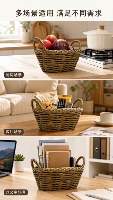 [第5屏] 多场景拼图-展示手工编织收纳篮在厨房、客厅、办公室三个场景的使用。生活场景拼接，温馨自然，真实居家质感，商业摄影质感。本屏使用【图1】作为产品主体，保持产品原有结构颜色纹理不变，画面从上到预览效果