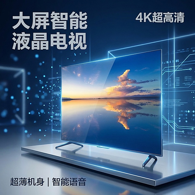 [垫图] https://gdesign-dam-hz.dancf.com/35868274125162539/ffcbc68b09d74806ae9894bd2651e9d4.png
[主图主题] 海尔大屏智能电视科技风格主图
[氛围/风格] 未来科技感，深邃高级质感
[画面元素] 45度侧角展示海尔电视，外观保持与原图完全一致，放置在极简科技感空间，背景为深蓝色渐变，搭配蓝色几何光线和粒子特效，突出电视超薄机身和大屏边框设计，背景铺满全屏无边框，光影干净利落，科技感十足
[配色色系] 主色调：深邃科技蓝，辅助色：银灰色、冷蓝色光效点缀
[视角构图] 45度斜角平视，主体占比约60%，浅景深突出主体
[文字版式] 左上角主标题 "大屏智能液晶电视"，右上角标注 "4K超高清"，左下角卖点 "超薄机身 | 智能语音"，字体为冷灰色粗黑体，主标题大字号，卖点小字号，文案悬浮不遮挡电视主体，整体风格简洁专业