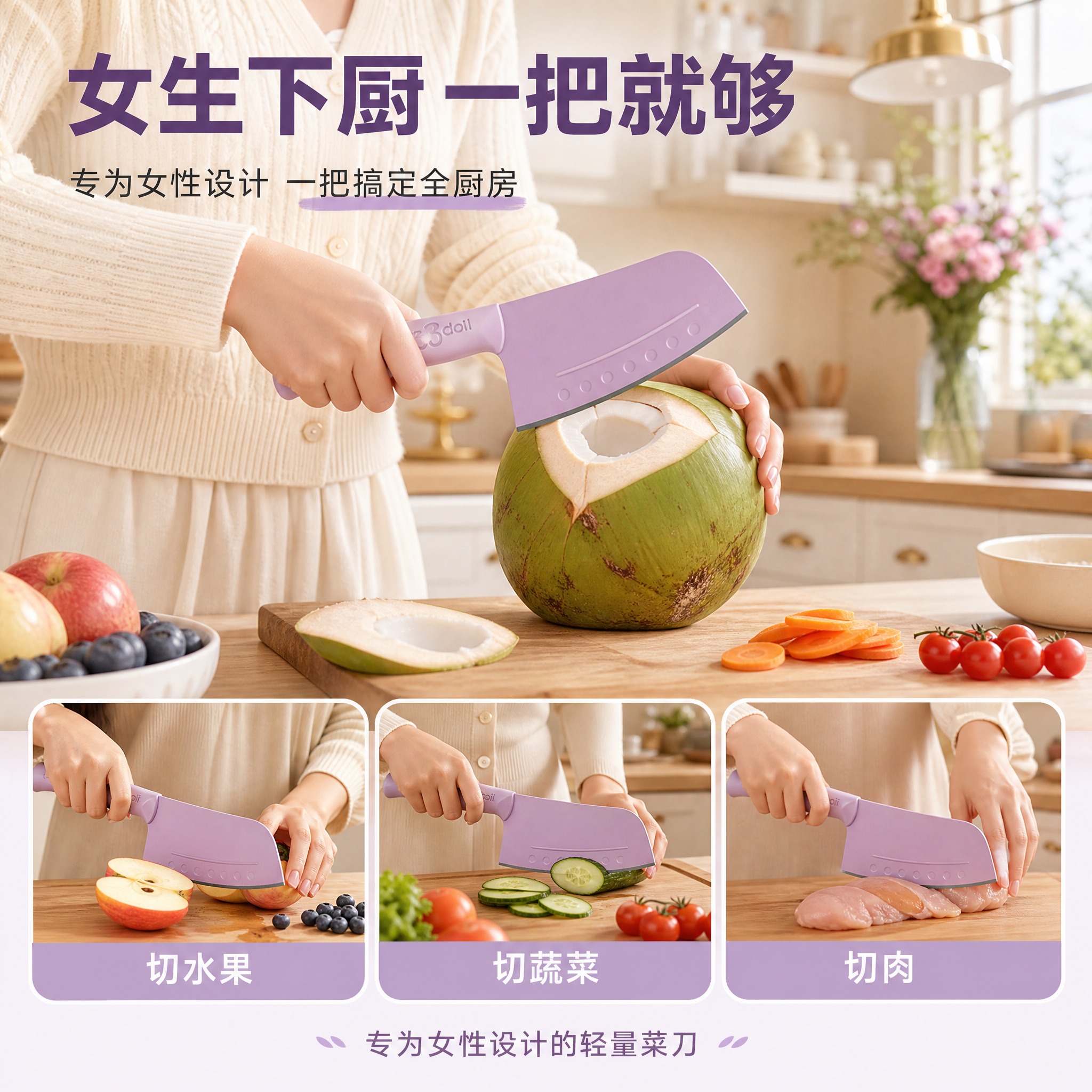 [主图-5] 女性菜刀多场景展示图，增加女生切椰子场景，突出专… - 图片创意预览